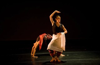 Dancer-poet donia salem harhoor dances on a stage with one hand over her head as someone else dances behind her.