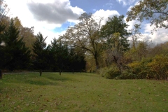 A view of grass, autumn trees, and the blue sky and white clouds above graces the Karl Stirner Arts Trail in Easton, Pennsylvania.