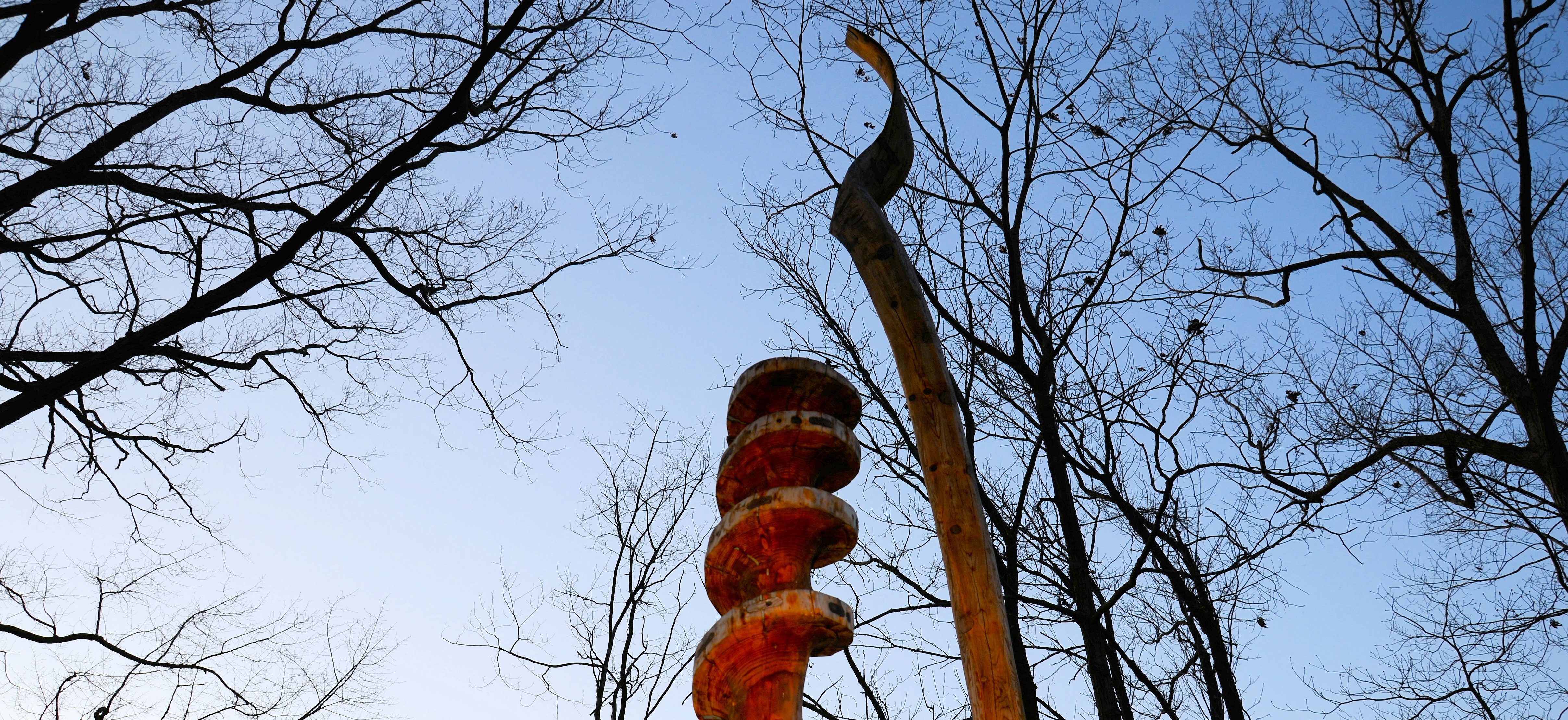 The Nobori sculpture The Bushkill Curtain installation dips into Bushkill Creek on the Karl Stirner Arts Trail