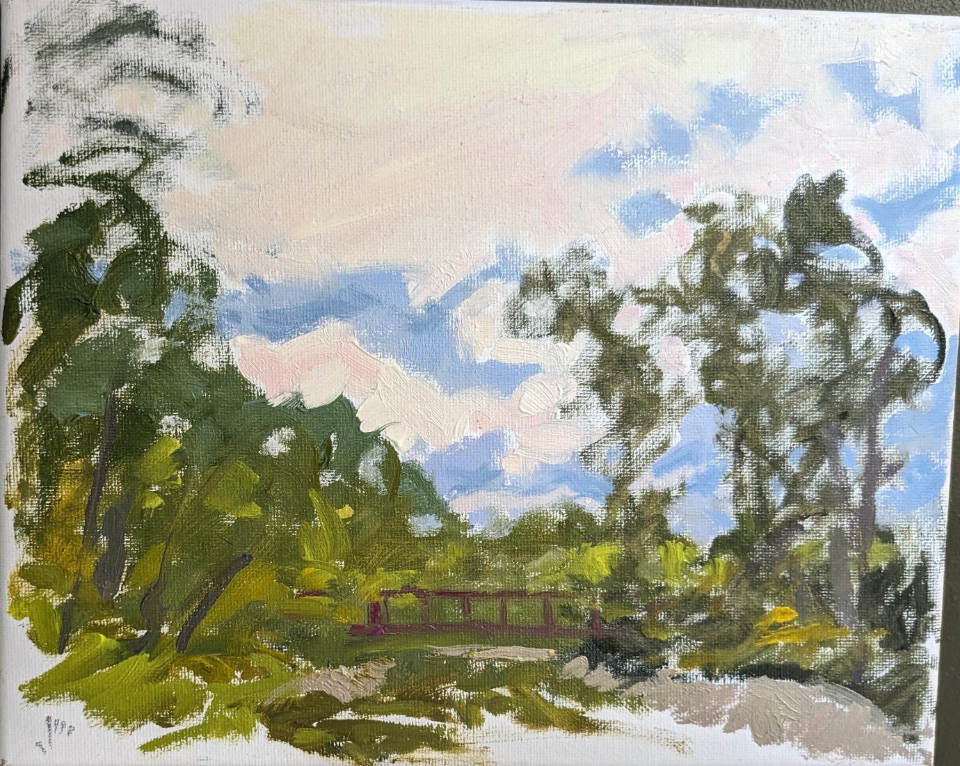 A plein air painting of Bushkill Creek and trees by John McNally