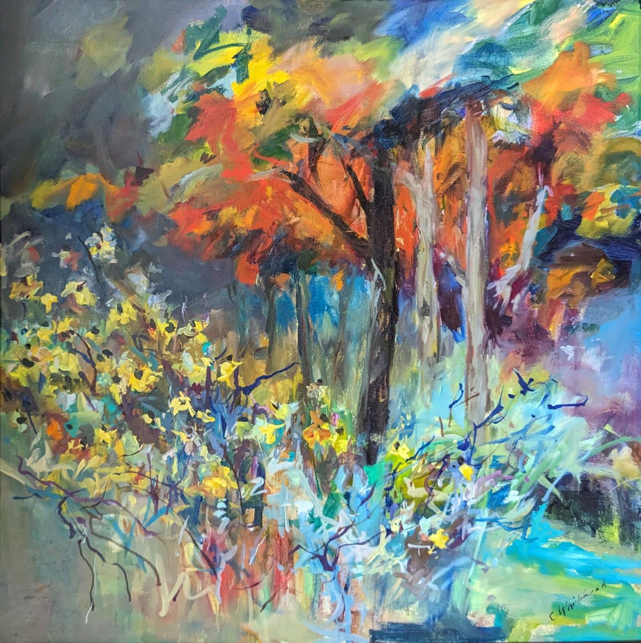 A plein air painting of trees and flowers by Catherine Whitehead
