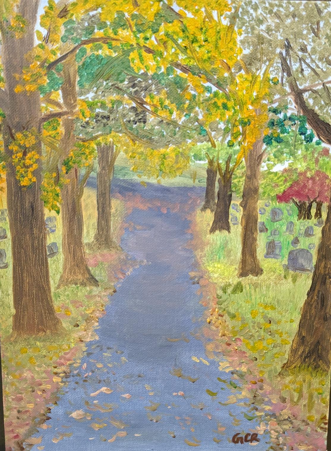 A plein air painting of trees on both sides of a path by Greeshma Raghuvaran