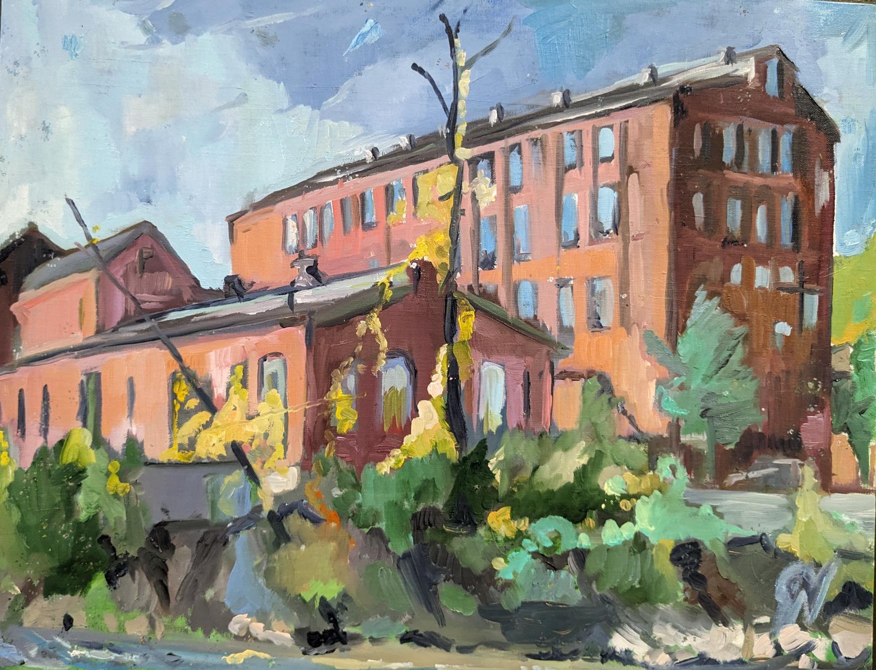 A plein air painting by Jeff Vaccarella of the Silk complex  by  the Karl Stirner Arts Trail in Easton, Pennsylvania