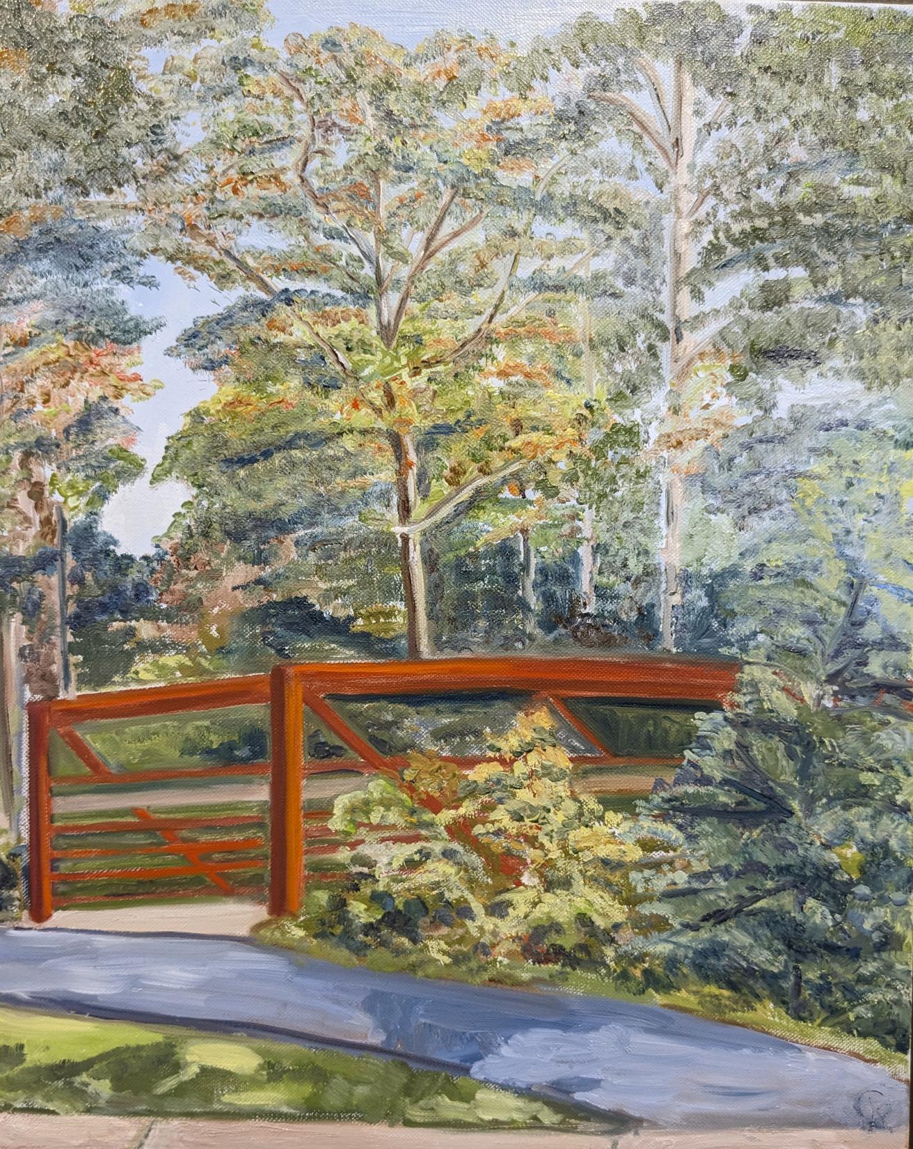 A plein air painting by Kathryn Gabig of a pedestrian bridge and trees next to the Karl Stirner Arts Trail in Easton, Pennsylvania