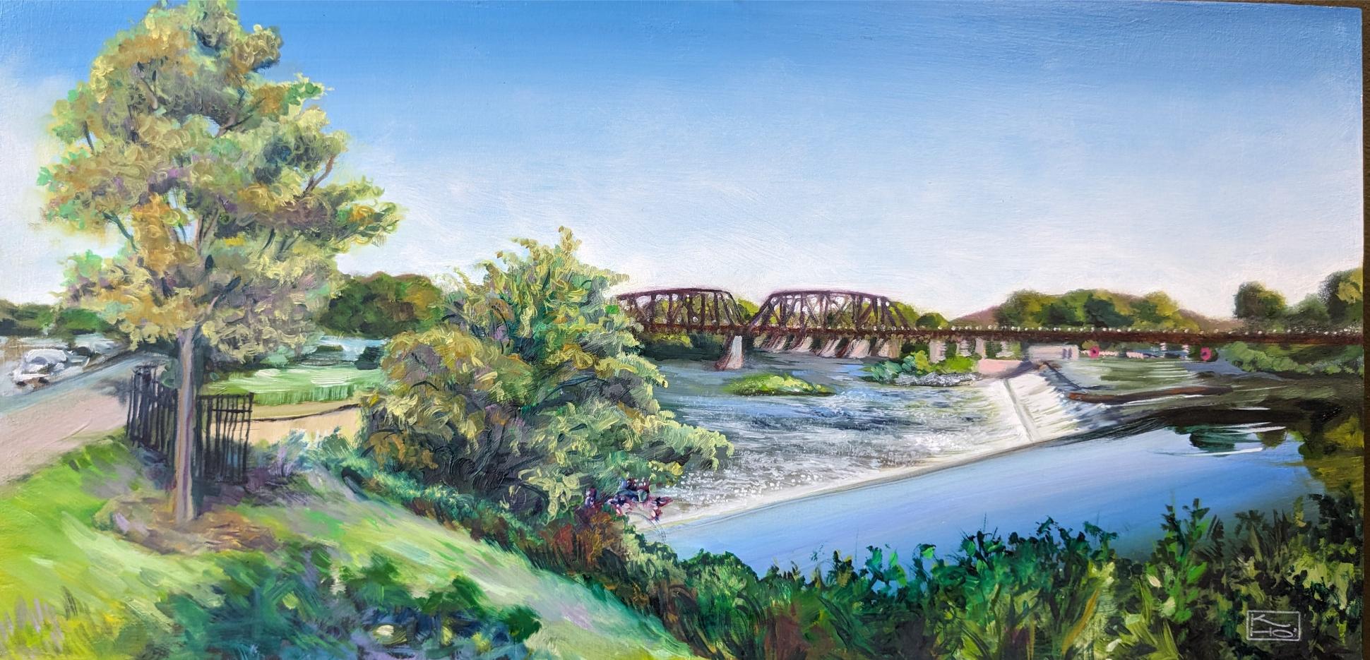 A plein air painting by Kelly Houghton of water and the bridge connecting Easton, Pennsylvania, and Phillipsburg, New Jersey