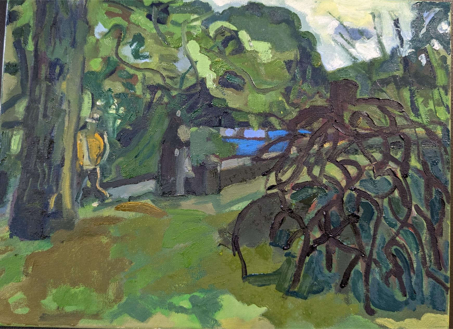 A plein air painting that includes the sculpture Late Bronze Root and trees on the Karl Stirner Arts Trail in Easton, Pennsylvania.