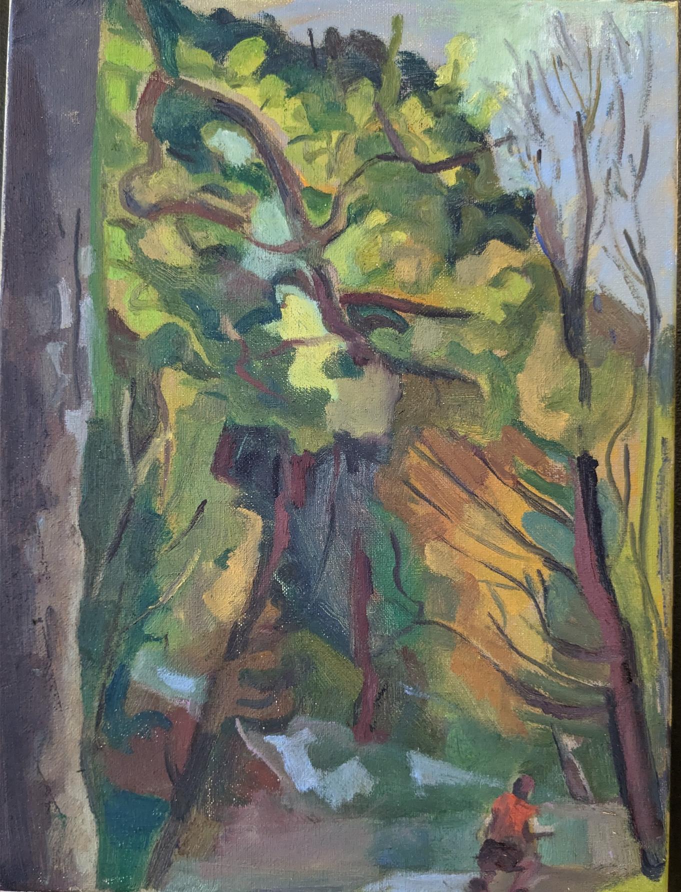 A plein air painting of trees and a person