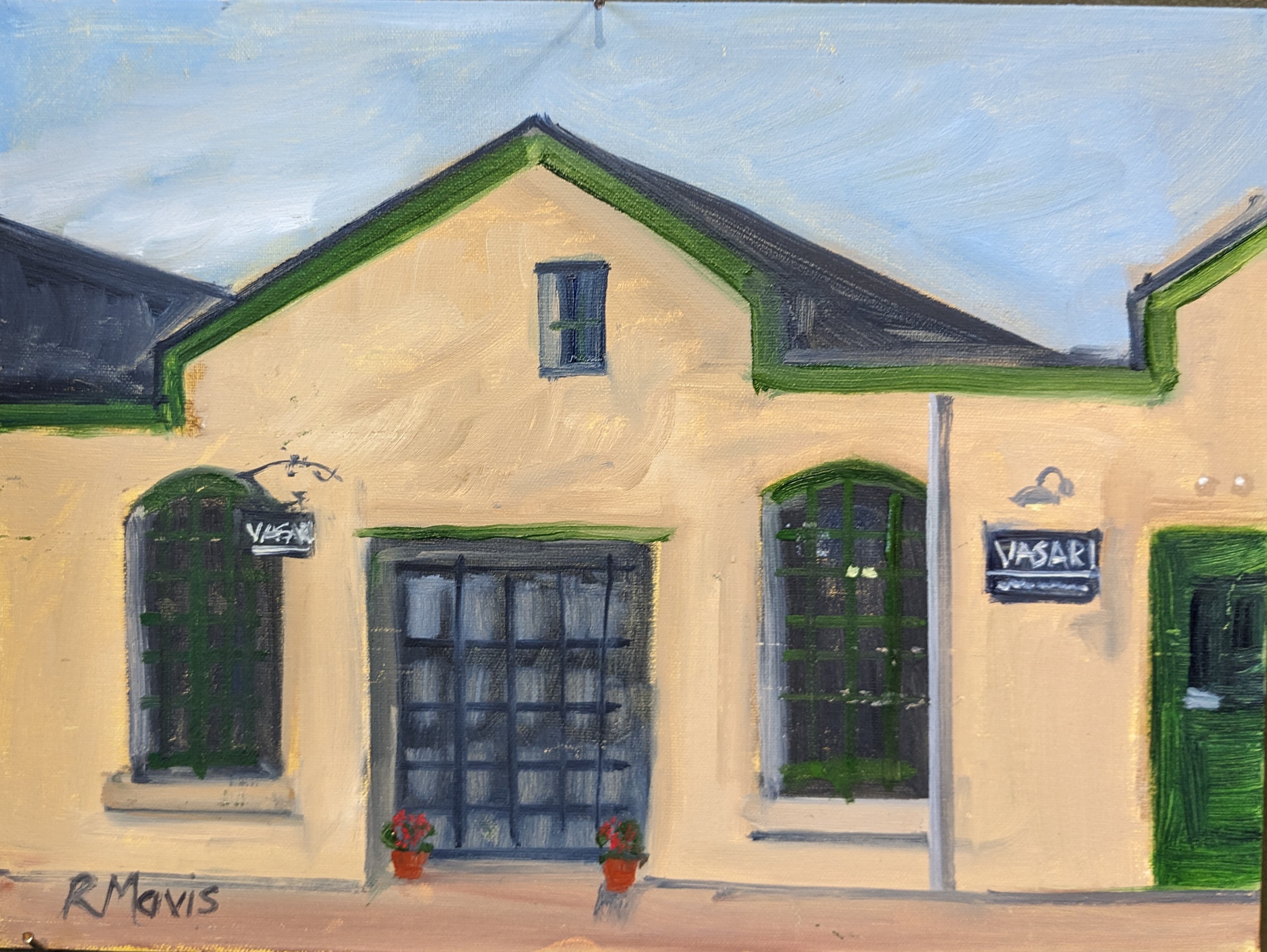 A plein air painting by Rose Mavis of the exterior of Vasari Classic Artists' Oil Colors in the Silk complex  by  the Karl Stirner Arts Trail in Easton, Pennsylvania