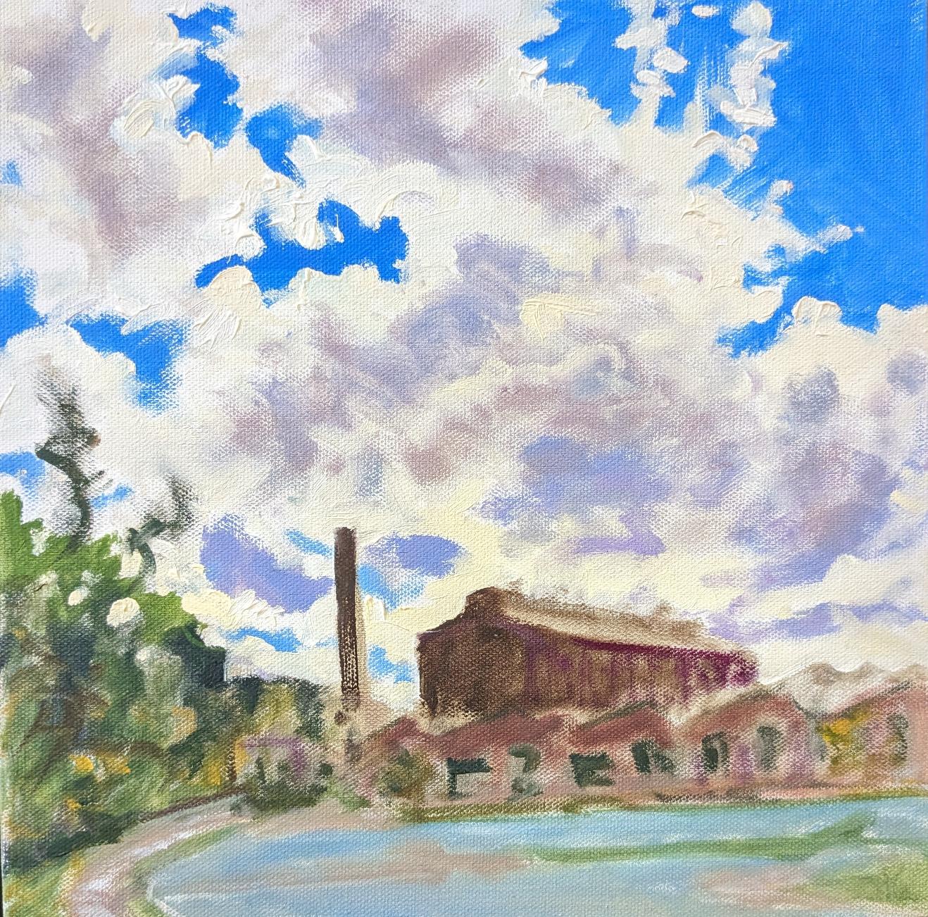 A plein air painting by John McNally of the Silk complex  by  the Karl Stirner Arts Trail in Easton, Pennsylvania