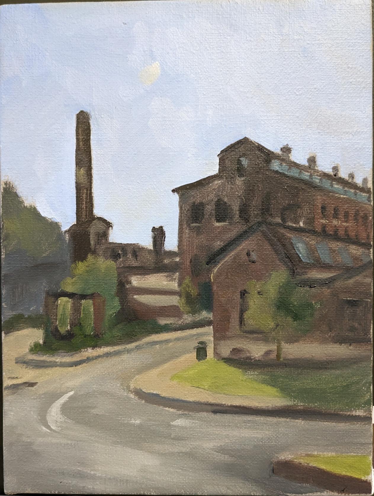 A plein air painting by Audrey Fink of the Silk complex  by  the Karl Stirner Arts Trail in Easton, Pennsylvania