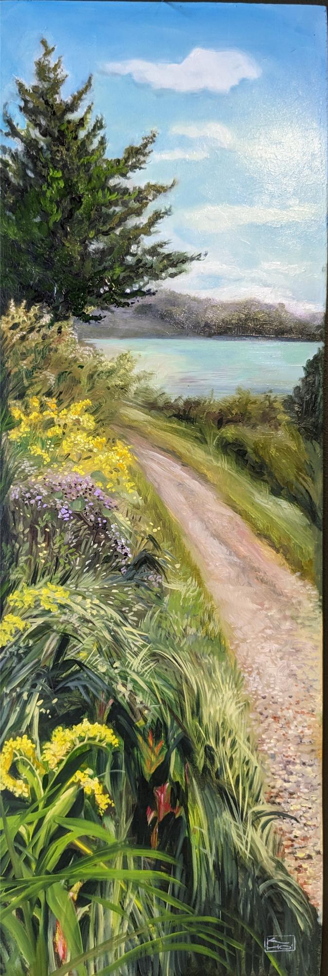A plein air painting by Kelly Houghton of a path and water