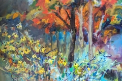 A plein air painting of trees and flowers by Catherine Whitehead