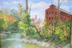 A plein air painting by Helen Lee Meyers of the Silk complex  by  the Karl Stirner Arts Trail in Easton, Pennsylvania