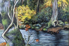 A plein air painting of trees and water by  Karen Pritchett Neuman