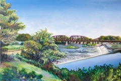 A plein air painting by Kelly Houghton of water and the bridge connecting Easton, Pennsylvania, and Phillipsburg, New Jersey