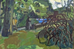 A plein air painting that includes the sculpture Late Bronze Root and trees on the Karl Stirner Arts Trail in Easton, Pennsylvania.