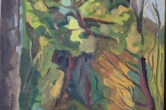 A plein air painting of trees and a person