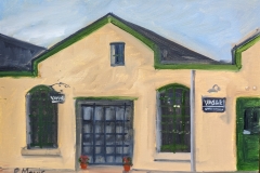 A plein air painting by Rose Mavis of the exterior of Vasari Classic Artists' Oil Colors in the Silk complex  by  the Karl Stirner Arts Trail in Easton, Pennsylvania