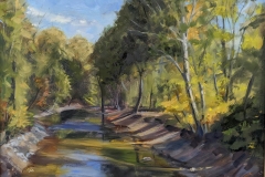 A plein air painting of trees and water by Sandra Corpora