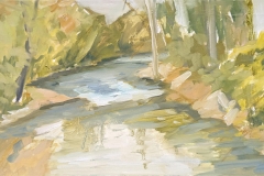 A plein air painting of trees and water by Sandy Taylor Bellmar