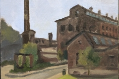 A plein air painting by Audrey Fink of the Silk complex  by  the Karl Stirner Arts Trail in Easton, Pennsylvania