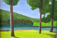 A plein air painting of trees and water