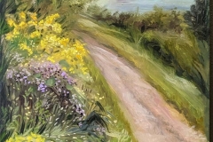 A plein air painting by Kelly Houghton of a path and water