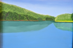 A plein air painting of a lake or river and trees