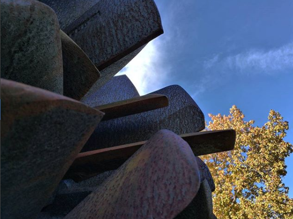 A closeup image of the Steve Tobin metal sculpture Wreath on the Karl Stirner Arts Trail