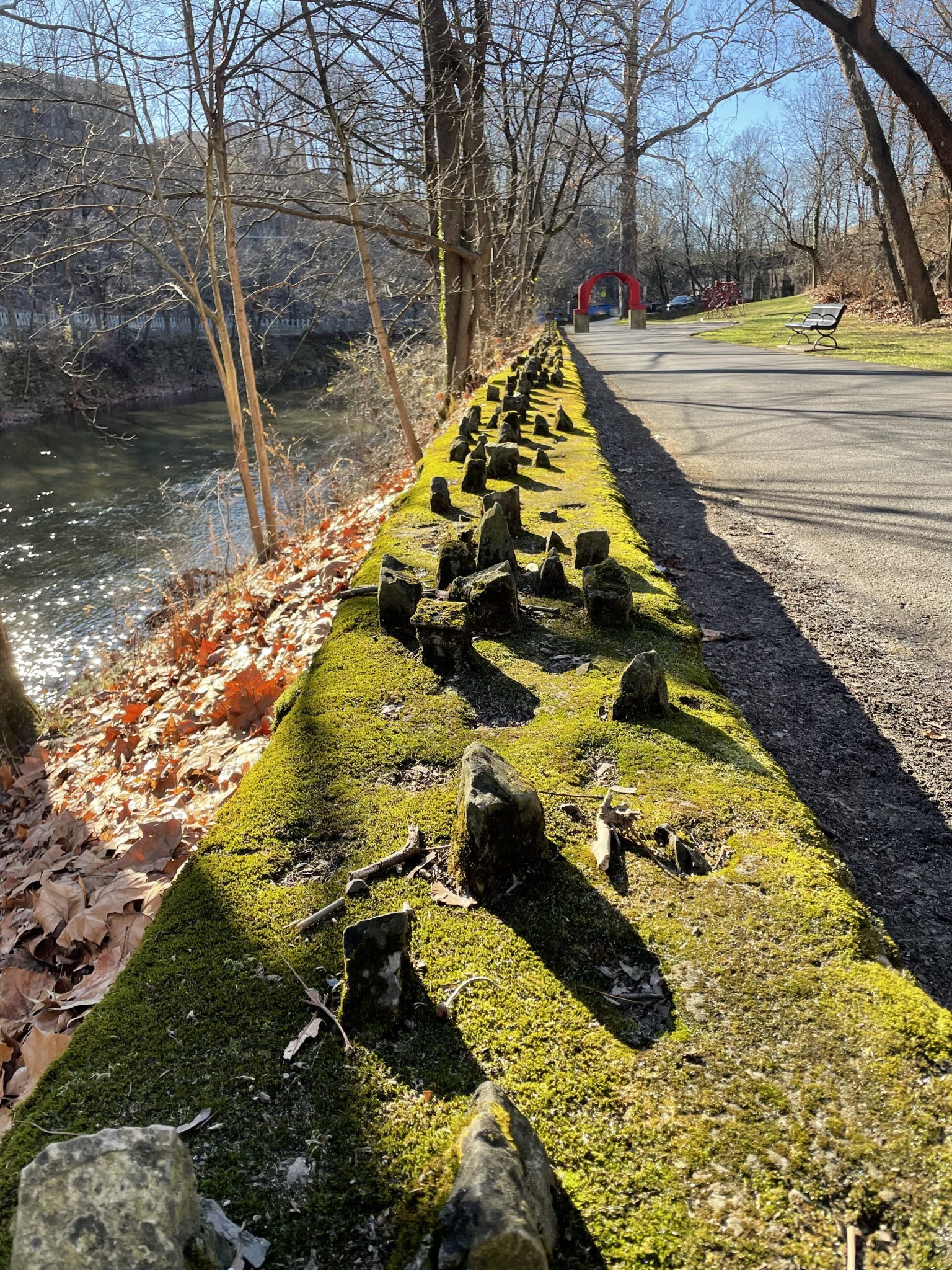 A mossy wall by Bushkill Creek and the Karl Stirner Arts Trail