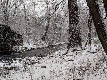The ground covered with snow on both sides of Bushkill Creek on the Karl Stirner Arts Trail