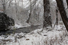 The ground covered with snow on both sides of Bushkill Creek on the Karl Stirner Arts Trail
