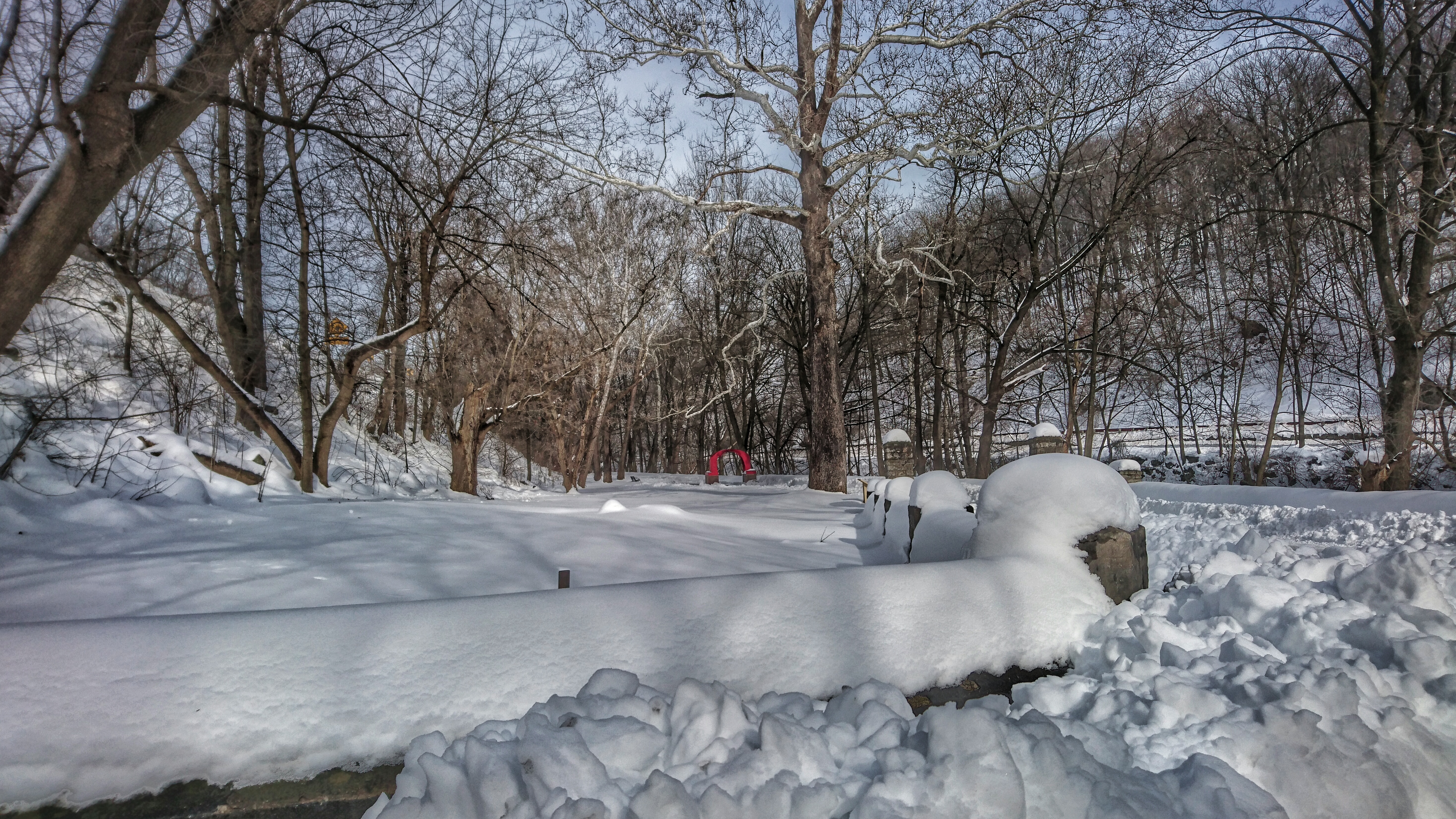 Snow covers the Karl Stirner Arts Trail in Easton, Pennsylvania.