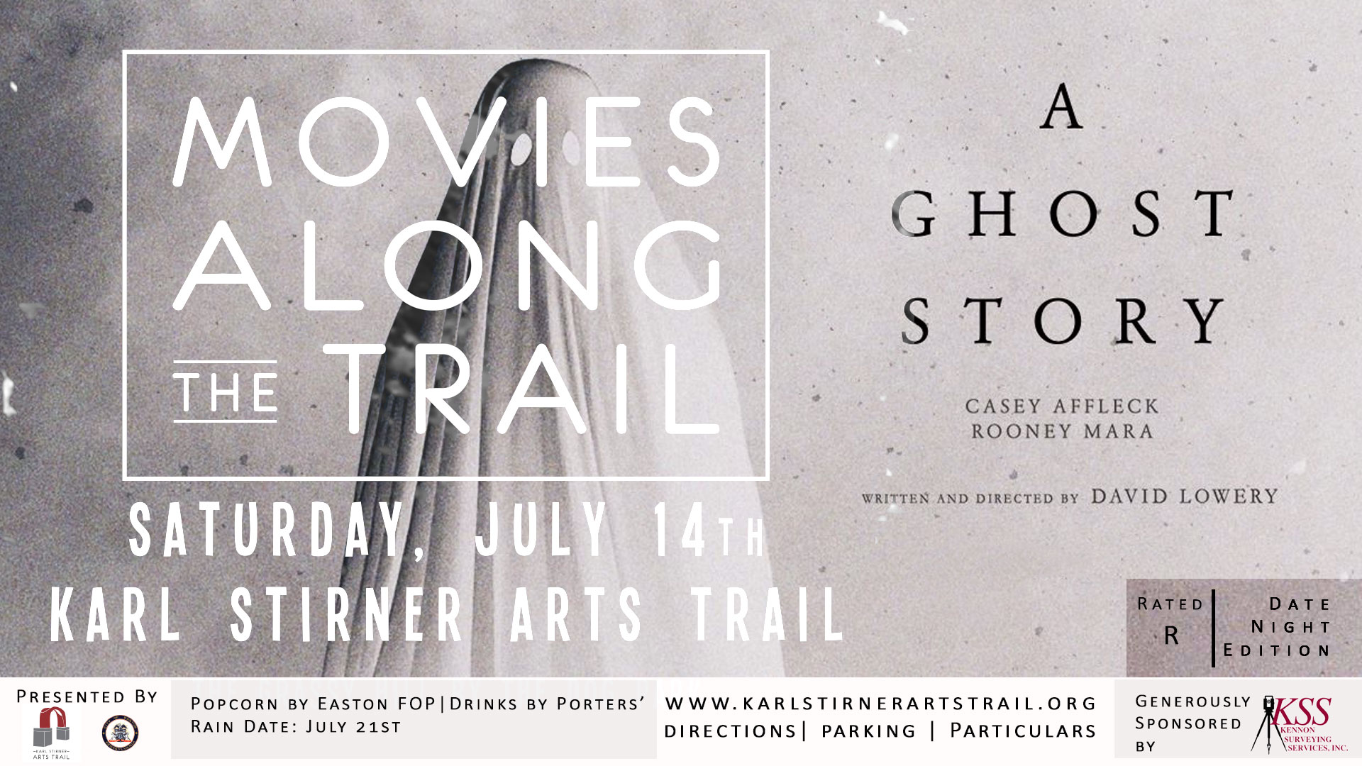 A poster promoting the Movies Along the Trail screening of the film A Ghost Story