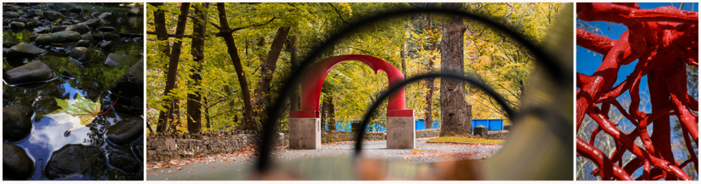 Three separate images of rocks, the red arch sculpture, and the red tree root sculpture on the Karl Stirner Arts Trail in Easton, Pennsylvania