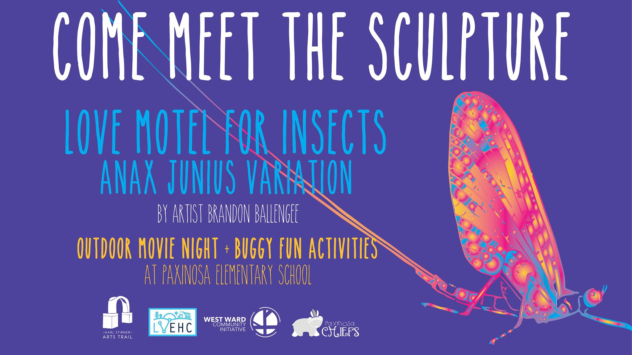 A poster with a drawing of a bug and the words Come Meet the Sculpture, Love Motel for Insects by Artist Brandon Ballengee.