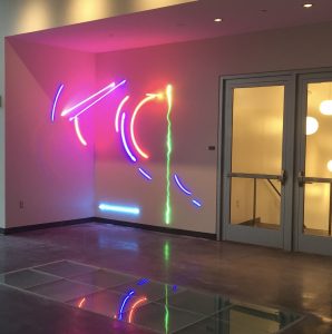 Neon tubing in different colors comprise the artwork by Stephen Antonakos as part of the Karl Stirner Arts Trail in Easton, Pennsylvania