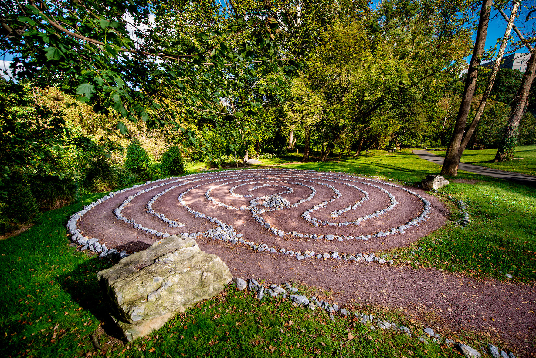 The outdoor art piece Labyrinth by Deborah Ketter on the Karl Stirner Arts Trail in Easton, Pennsylvania, features stones and is 50 feet in diameter.