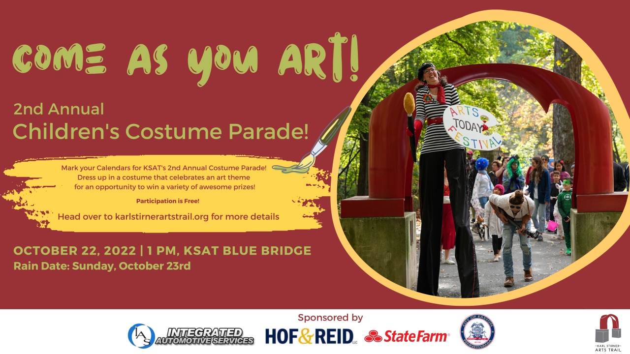 A poster featuring a woman on stils holding a sign that says Arts Festival Today, plus some members of the public, by the Red Arch sculpture on the Karl Stirner Arts Trail in Easton, Pennsylvania