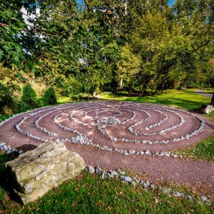 A circular area with white stones in a labyrinth formation on the Karl Stirner Arts Trail in Easton, Pennsylvania