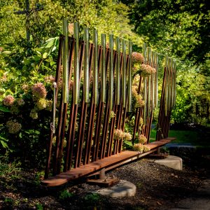 Part of the Musical Path installation, comrprised of upright rods that play a tune when hit with a stick, on the Karl Stirner Arts Trail in Easton, Pennsylvania