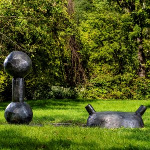 The two-piece metal sculpture Jack & Jill by Patric Strzelec on the Karl Stirner Arts Trail in Easton, Pennsylvania
