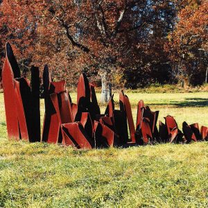 The sculpture Sprouts by Steve Tobin, comprised of roughly 20 scrap metal pieces, stands on the ground at the Karl Stirner Arts Trail in Easton, Pennsylvania.