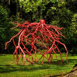 The red Late Bronze Root sculpture by Steve Tobin, reassembled castings of the delicate root system of a tree, on the Karl Stirner Arts Trail in Easton, Pennsylvania