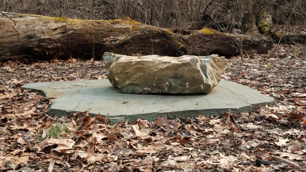 A piece of hardyston sandstone is one of the five pieces in the art project called Upriver by Heidi Wiren Bartlett on the Karl Stirner Arts Trail in Easton, Pennsylvania.
