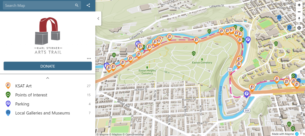 A screenshot from an interactive map of the Karl Stirner Arts Trail in Easton, Pennsylvania, featuring a rendering of the trail and nearby streets as well as icons respresenting artworks and points of interest