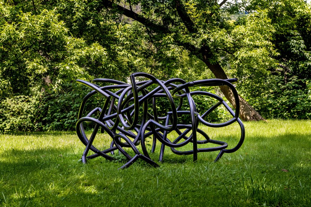 A sculpture comprised of curving metal tubes by Patrick Strzelec called Jungle on the Karl Stirner Arts Trail in Easton, Pennsylvania
