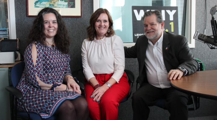 Melissa Starace, board chair of Karl Stirner Arts Trail Inc., sits in the studio of NPR radio station WDIY with Laurie Hackett, host of the A Closer Look program, and Tim Mulligan, president/CEO of Communities In Schools of Eastern Pennsylvania.
