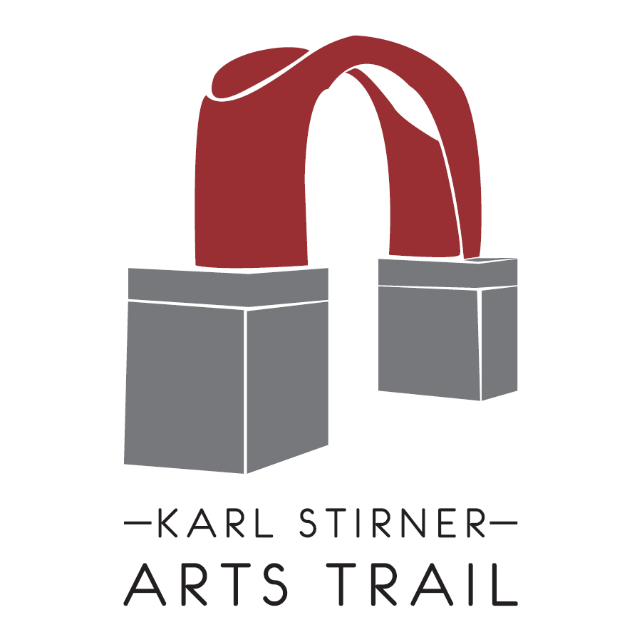 The Karl Stirner Arts Trail logo, featuring those words and an illustration of the red arch sculpture