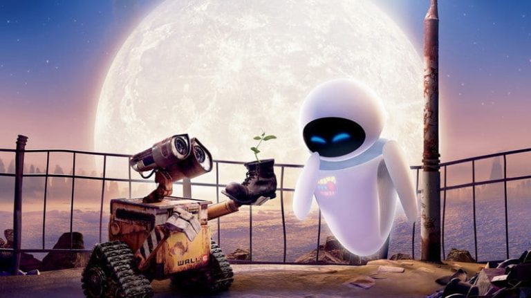 The robot WALL-E offers the white robot Eve a flower in a shoe in the Pixar animated film WALL-E by Disney.